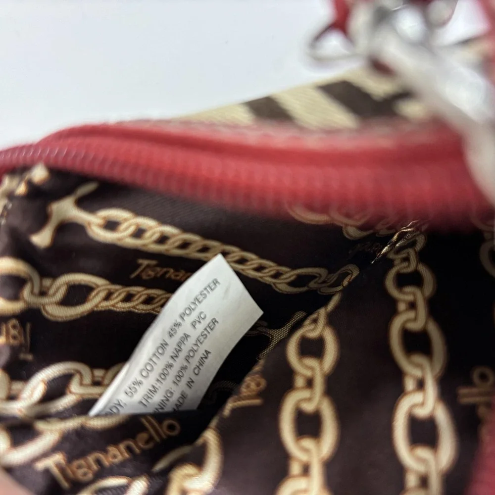 Tignanello Logo Wristlet Clutch‎ Bag Small Brown Red Trim Canvas Zip Top
